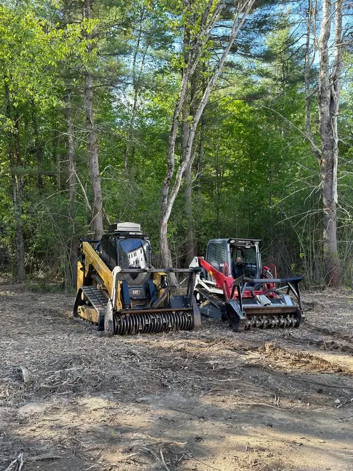 Two forestry mulchers on a freshly mulched clearing in the woods