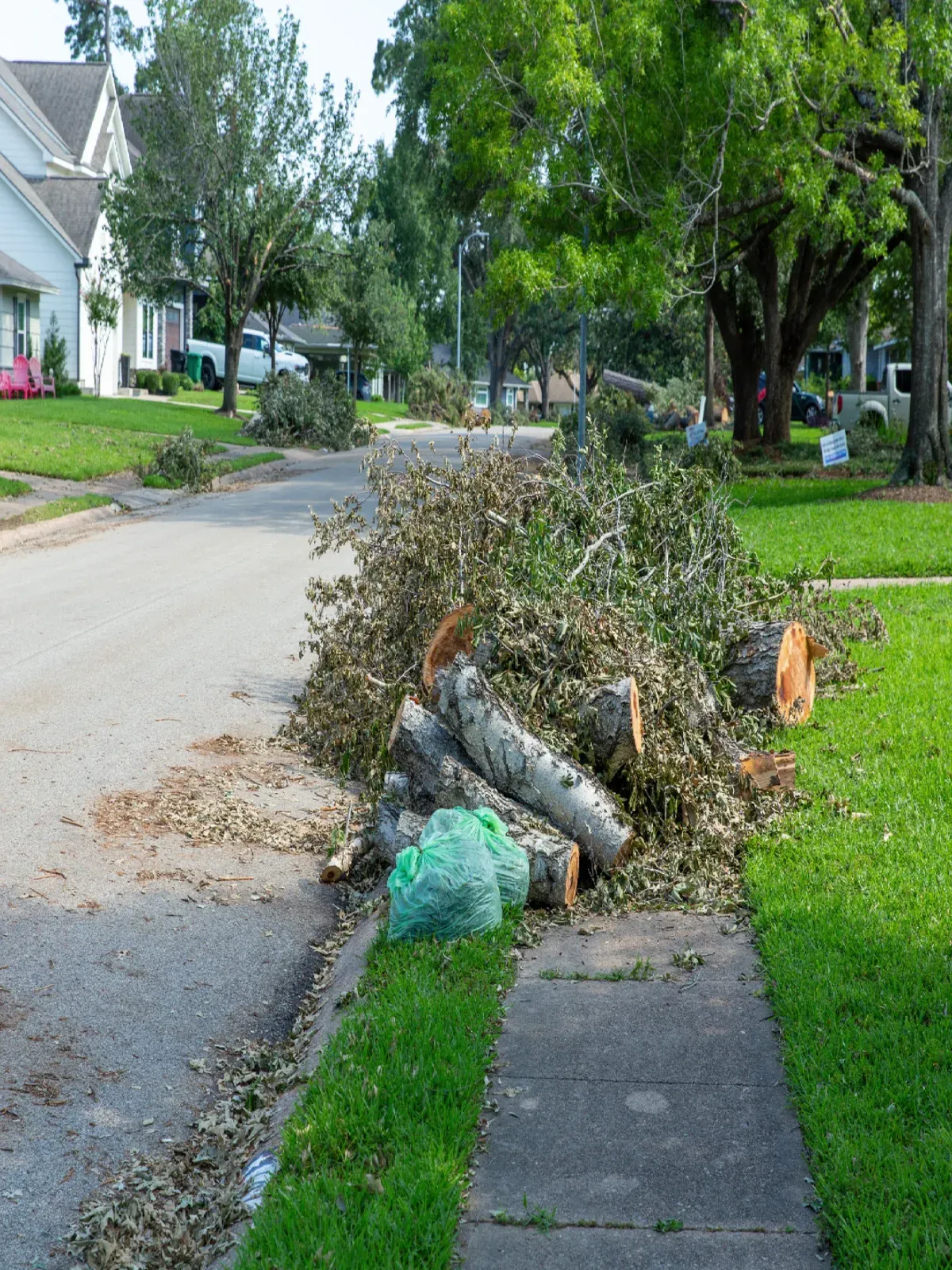 Storm-damaged limbs and logs piled on the curb before cleanup