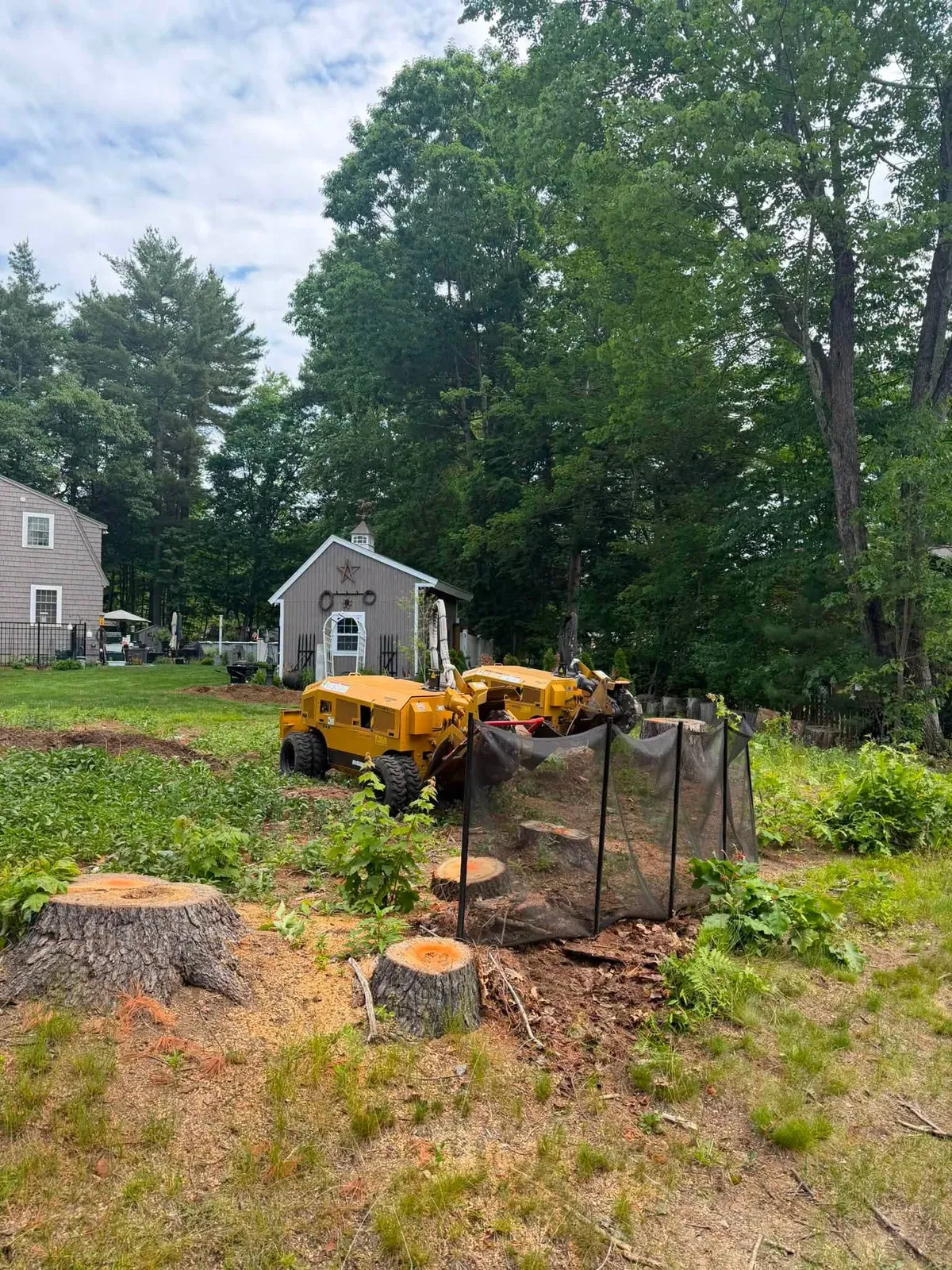 Stump grinder and debris screen set up in a backyard between houses
