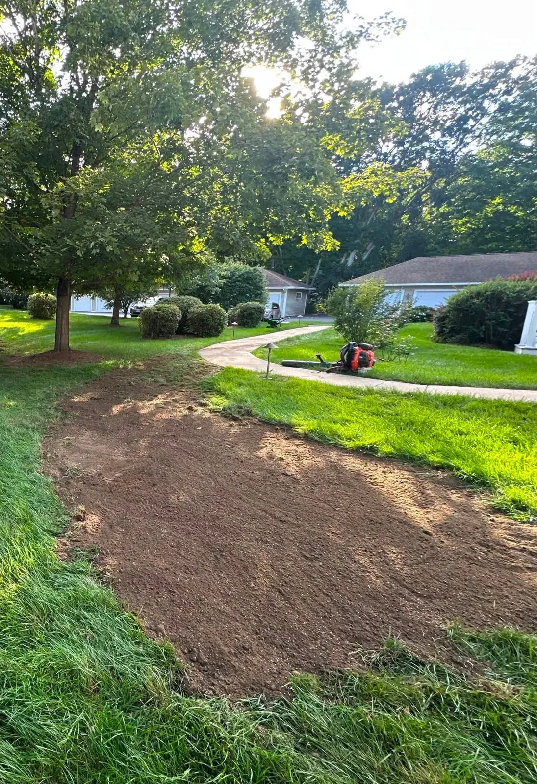 Finished stump grinding area raked level in a front lawn