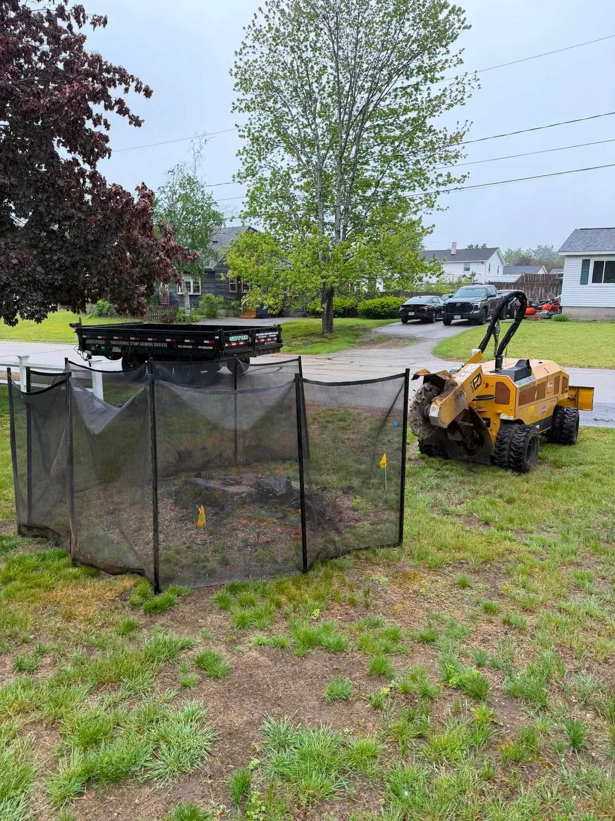 Debris safety screen set up around a stump in a front yard before grinding