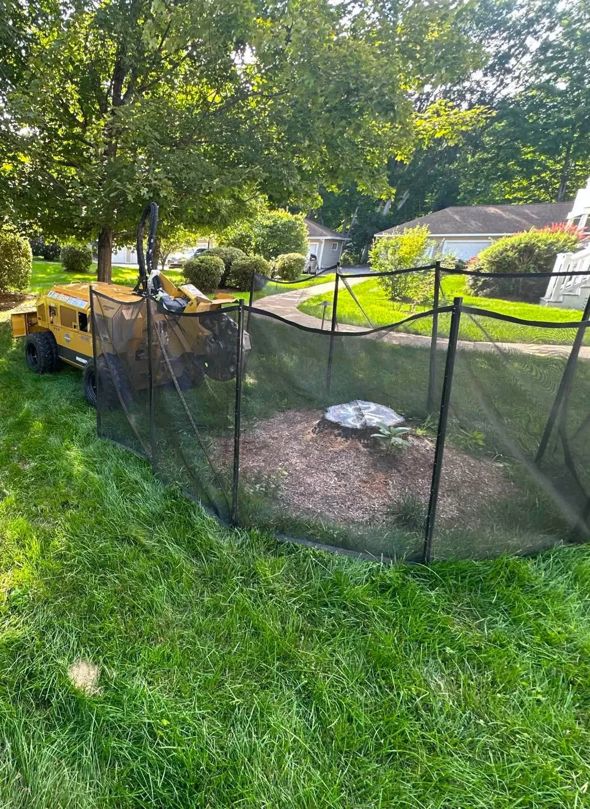 Screened stump grinding work area in a neighborhood yard